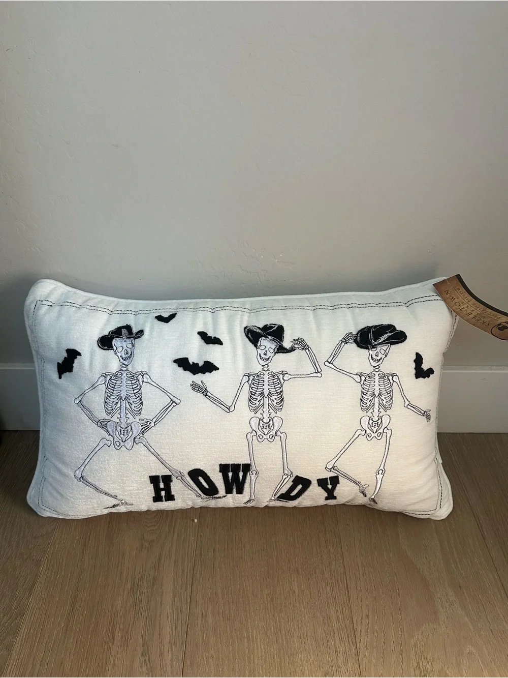 Skele-Town Market “Howdy” Cowboy Skeleton Halloween Lumbar Pillow Western Decor